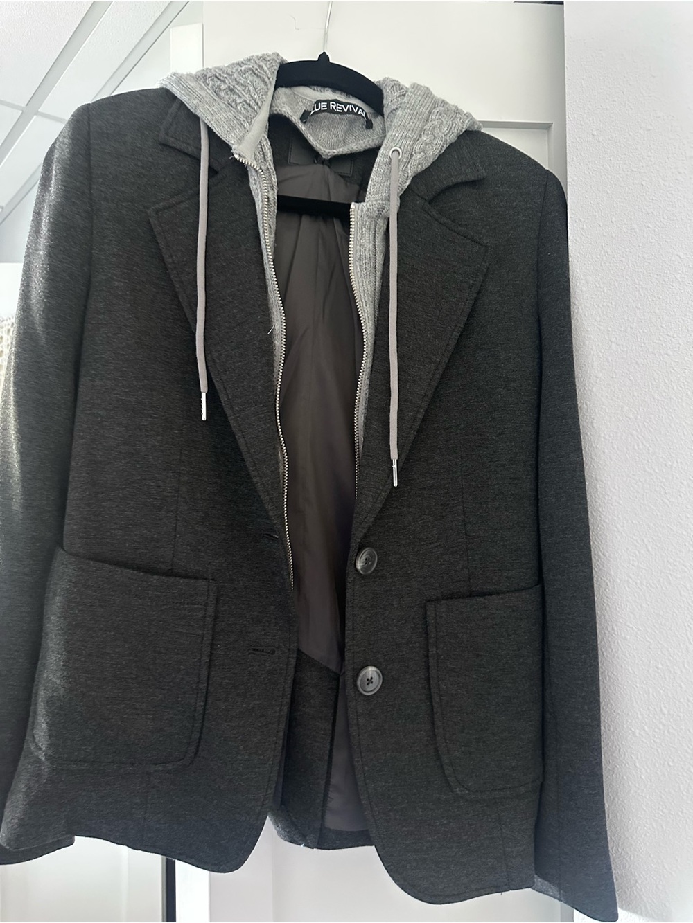 Blue Revival Dark Gray Blazer with detachable sweater Knit Hood Layering